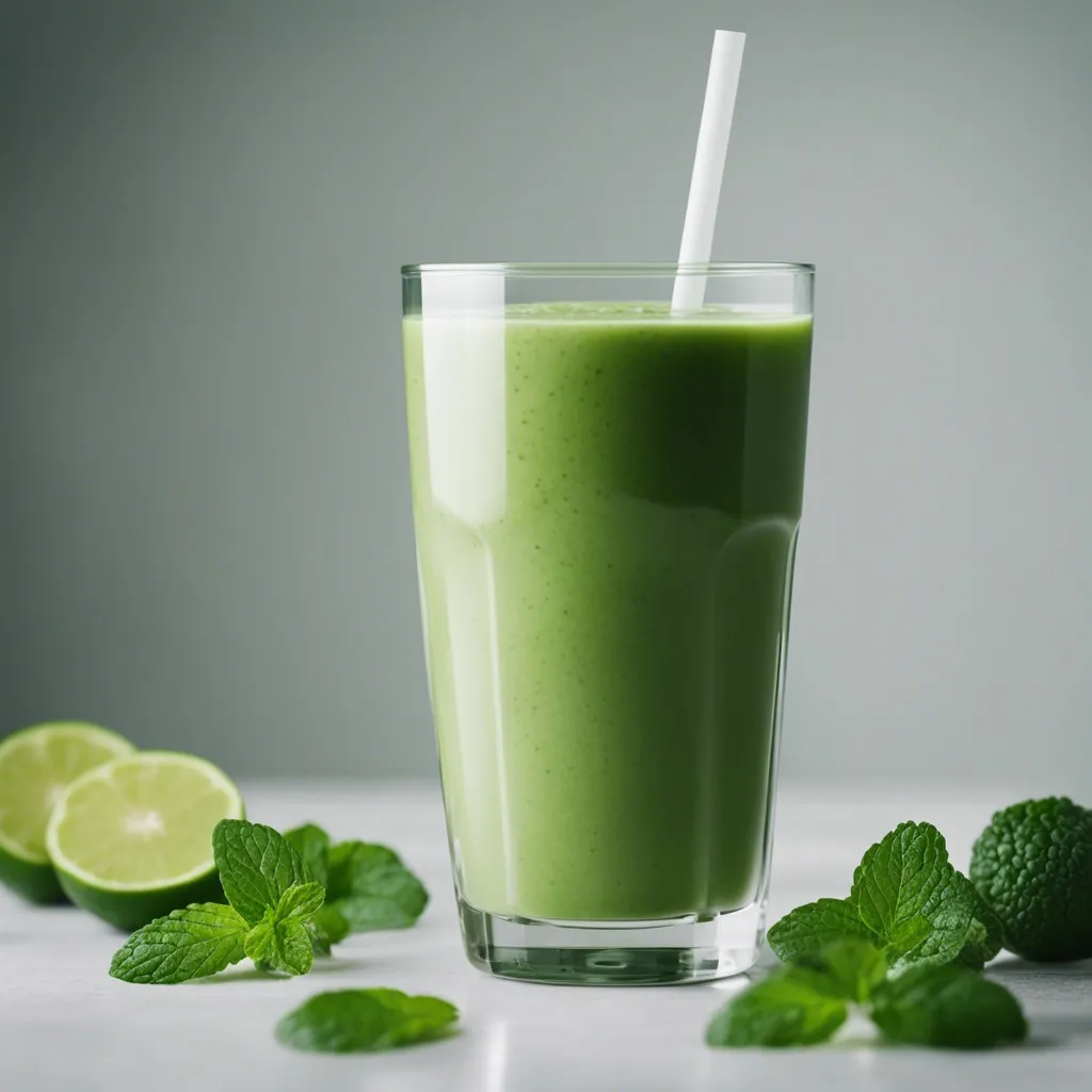 A glass of peppermint smoothie with a straw, accompanied by fresh mint leaves and sliced limes on a light surface