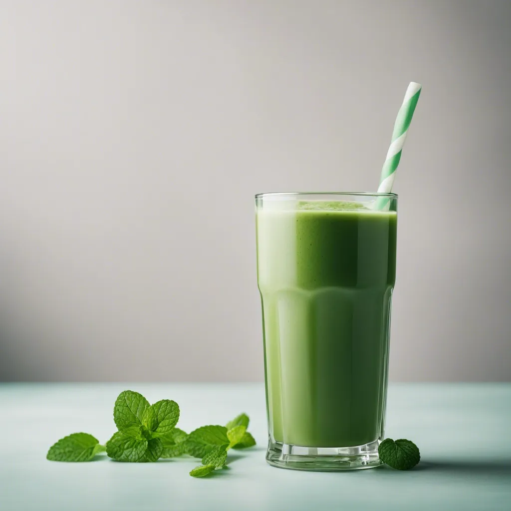 A glass of peppermint smoothie with a striped straw, fresh mint leaves scattered around on a pale green surface