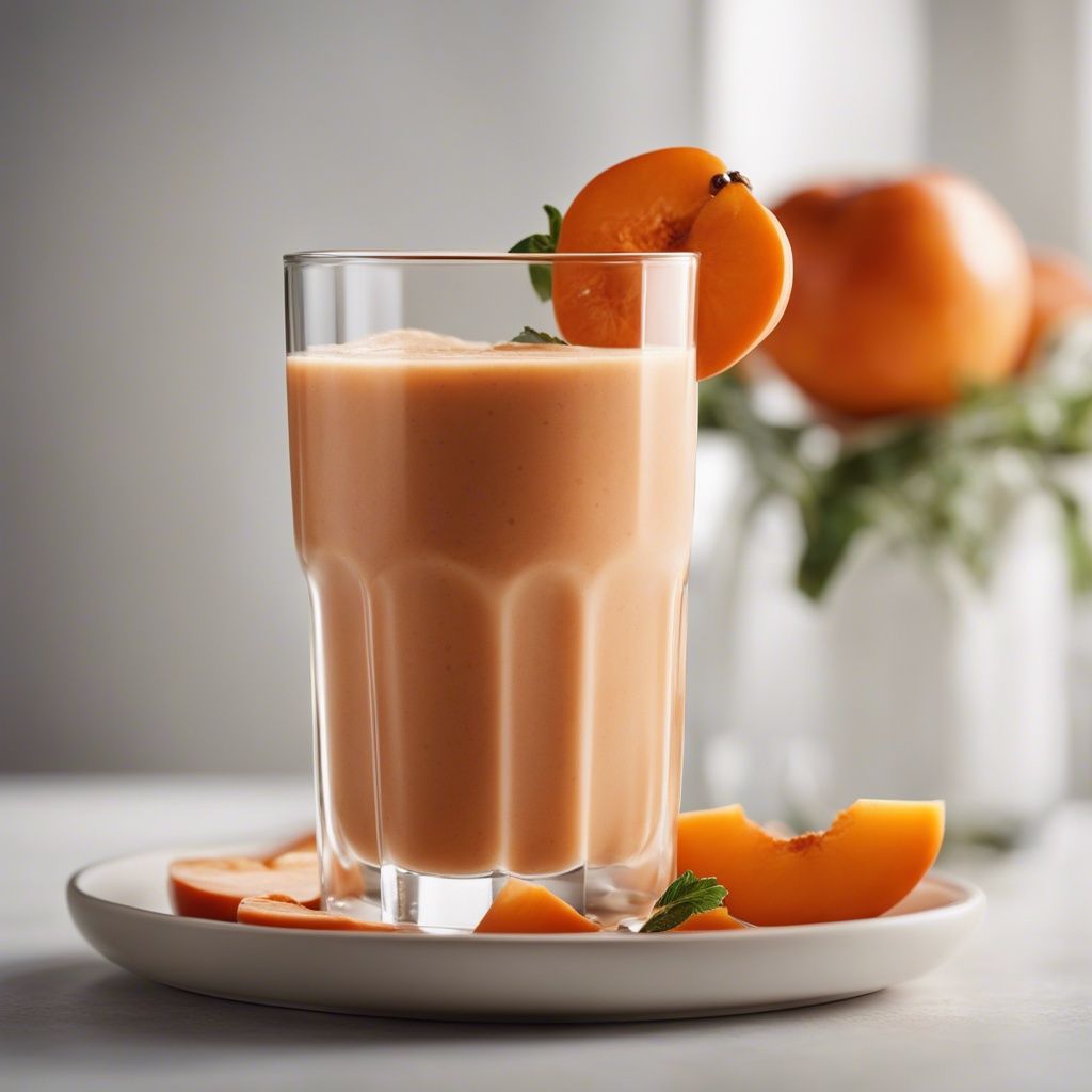 A smooth and creamy persimmon smoothie garnished with a fresh persimmon slice on a glass, presented on a plate with persimmon wedges around, on a neutral background