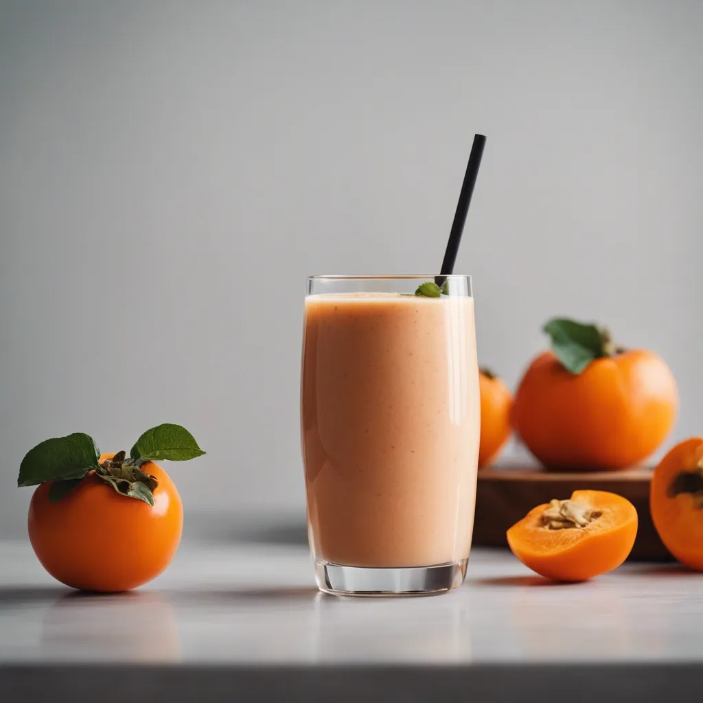 A velvety persimmon smoothie in a clear glass with a black straw, accompanied by whole and halved persimmons on a wooden plate in the background on a gray surface