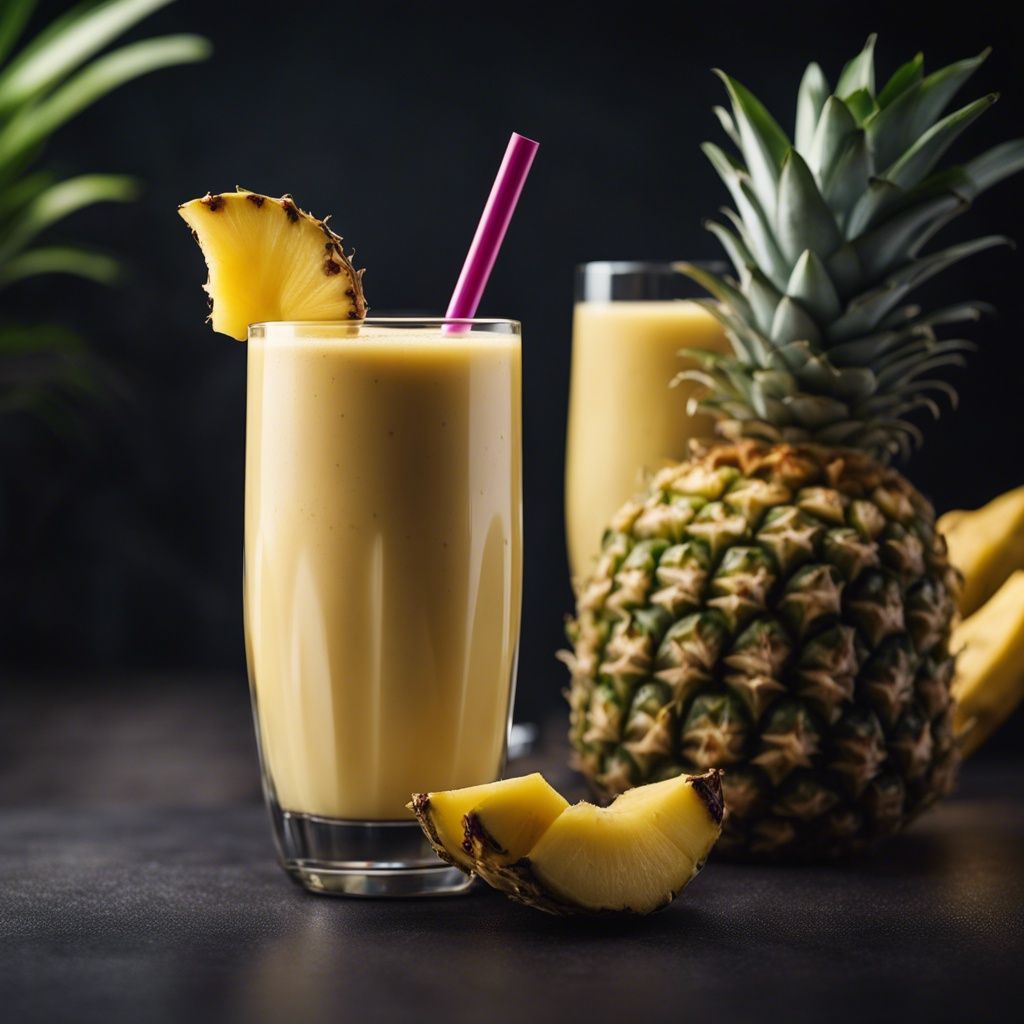 A refreshing pineapple banana smoothie in a tall glass with a slice of pineapple on the rim