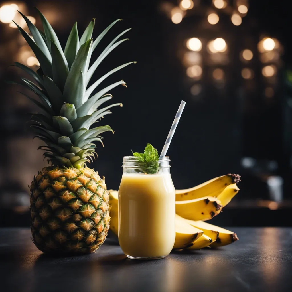 A jar-like glass of refreshing Pineapple Banana Smoothie garnished with mint. A pineapple stands next to the glass and there are bananas in the background.