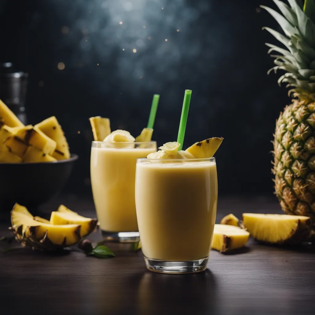 Two glasses of delicious Pineapple Banana Smoothie with green straws and garnished with pineapple - ready to serve. There are pineapple slices scattered around in the background of the photo.