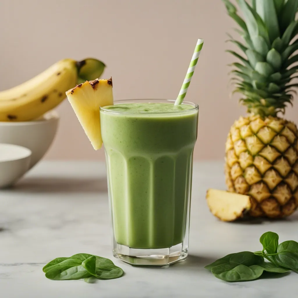 A Pineapple Banana Spinach Smoothie garnished with a wedge of pineapple. There are fresh spinach leaves scattered around the glass, bananas in a bowl and a whole pineapple in the background.