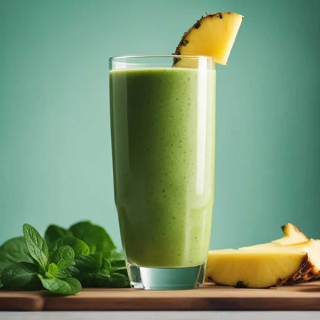 A vibrant glass of Pineapple Banana Spinach Smoothie garnished a slice of pineapple with more pineapple as well as spinach leaves surrounding the smoothie.