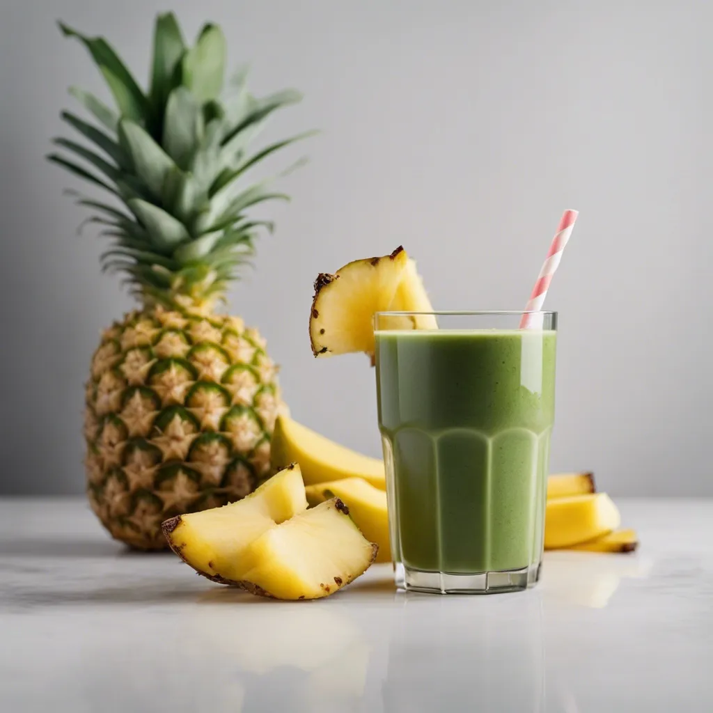 A vibrant glass of Pineapple Banana Spinach Smoothie garnished a slice of pineapple with more pineapple surrounding the smoothie.