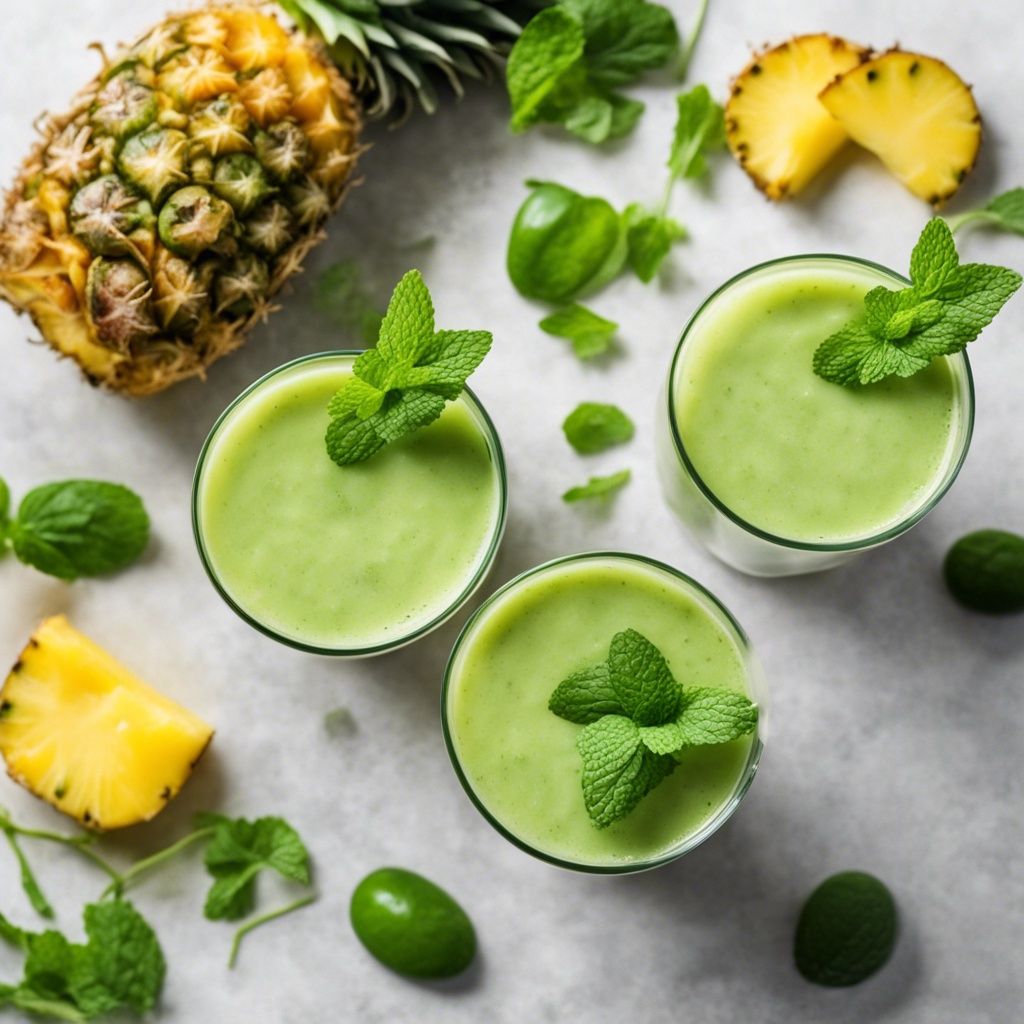 An overhead photo of three glasses of Pineapple Cucumber Smoothie garnished with mint leaves. There are slices of pineapple around the glasses as well as some mint leaves.