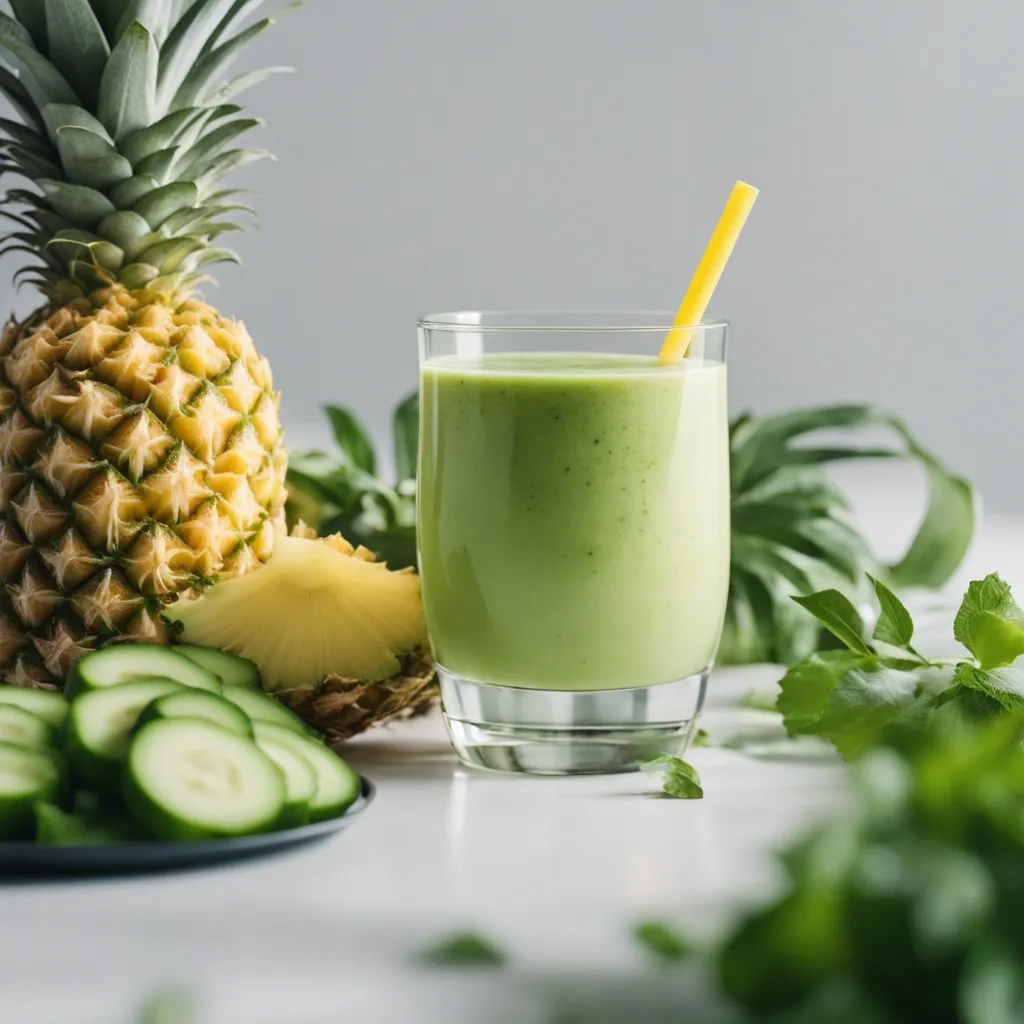 A side view of Pineapple Cucumber Smoothie with a pineapple beside it, mint leaves  in the foreground and a plate of sliced cucumber beside the glass.