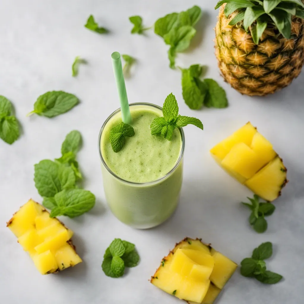 A glass of Pineapple Cucumber Smoothie garnished with mint and a green straw inside the glass, and pineapple chunks and mint scattered around the smoothie.