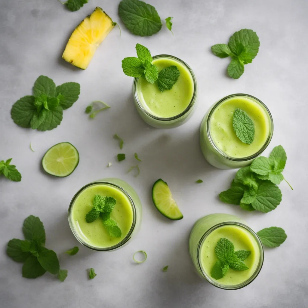 Four glasses of Pineapple Cucumber Smoothie from an overhead angle, garnished with mint leaves and more mint scattered around the smoothies.