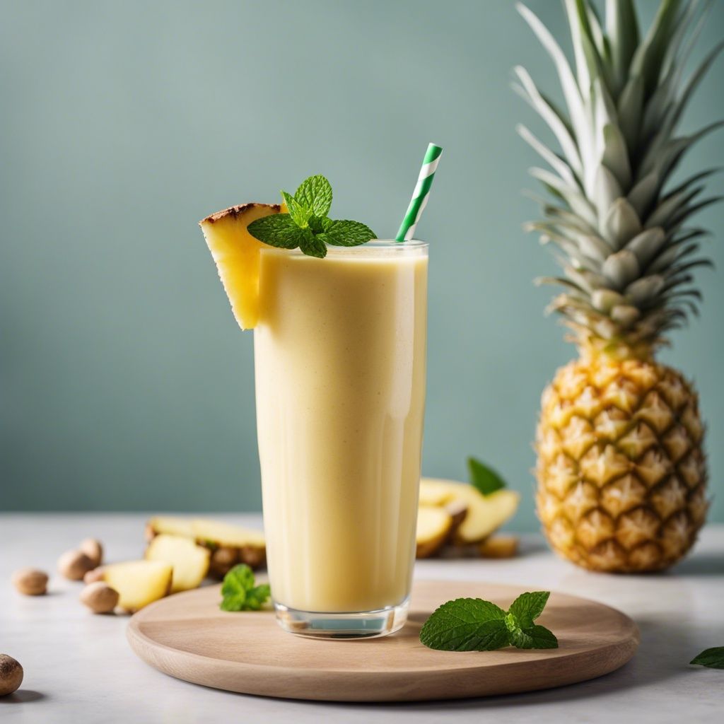A tall glass of Pineapple Ginger Smoothie garnished with mint and a pineapple slice. There's a whole fresh pineapple in the background and mint leaves and pineapple slices around the smoothie.