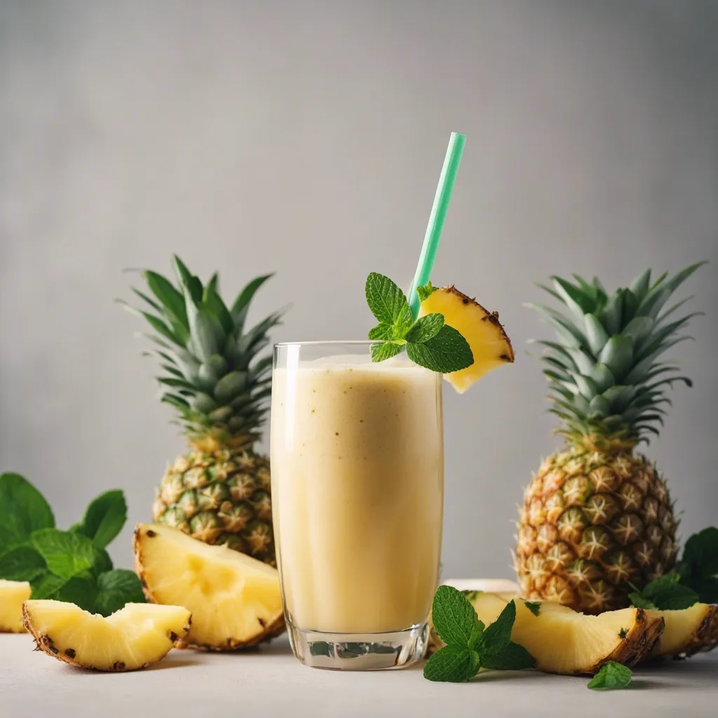 A glass of Pineapple Ginger Smoothie garnished with mint and a pineapple slice. There are large chunks of sliced pineapple placed around the smoothie and two large pineapples int he background of the photo.