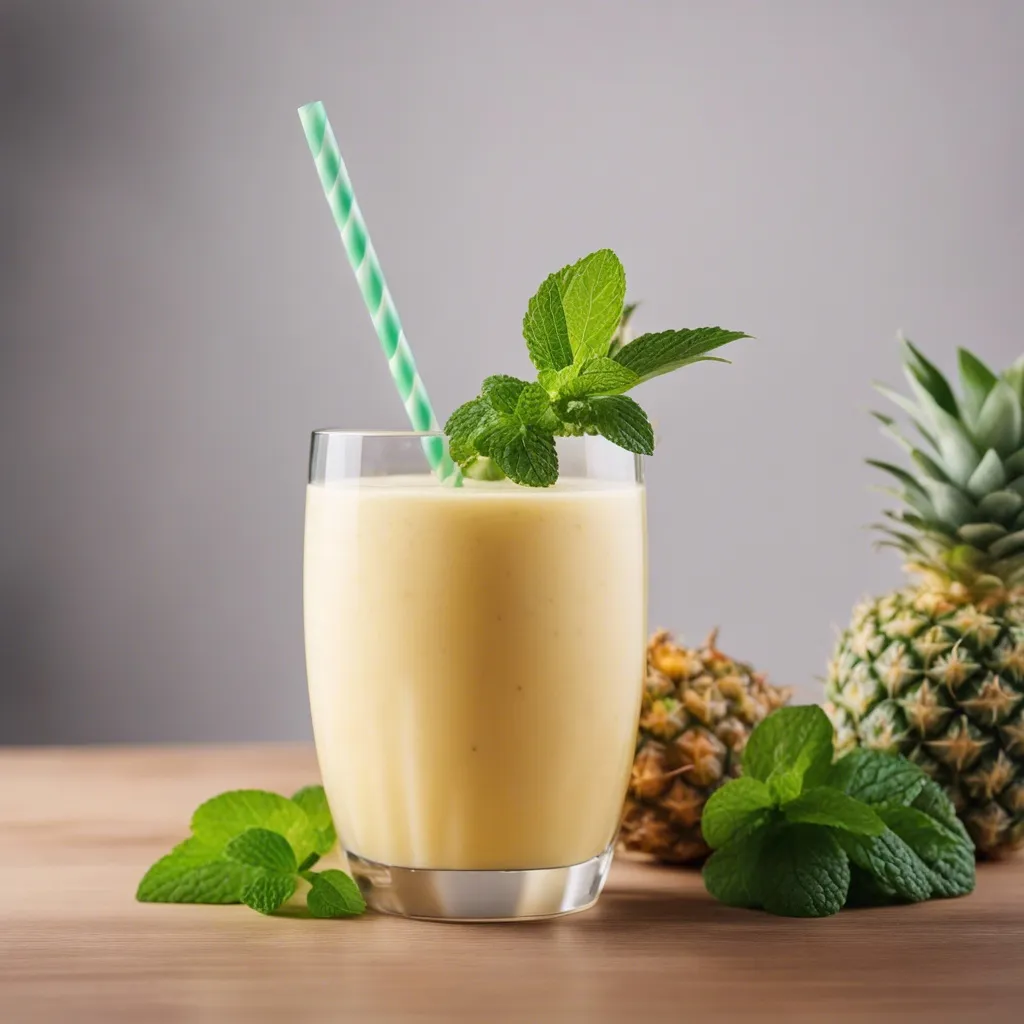 A small glass of Pineapple Ginger Smoothie garnished with mint and a blue and white straw in the glass. There are fresh pineapples in the background of the photo and large mint leaves in the foreground.