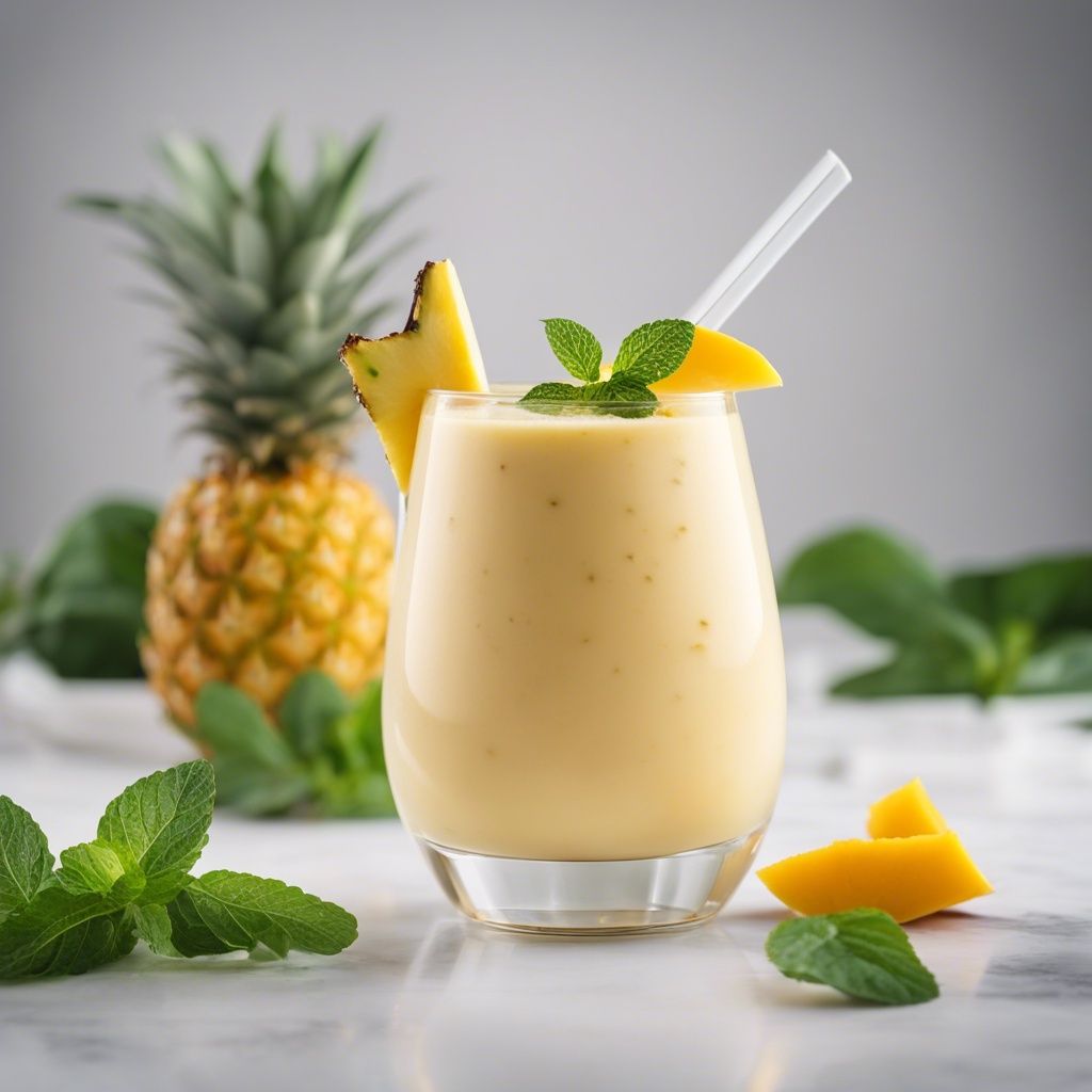 A creamy pineapple mango banana smoothie in a clear glass, garnished with a slice of pineapple and mint, with a white straw, set against a backdrop featuring a whole pineapple and mint leaves on a marble surface.