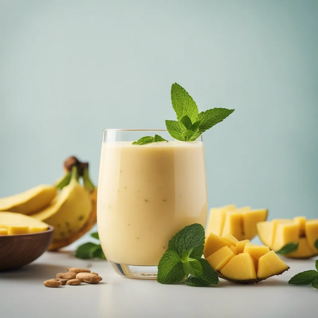 A smooth, velvety pineapple mango banana smoothie in a clear glass, topped with a sprig of mint, surrounded by slices of mango and bananas, with a backdrop of almond nuts and a soft blue wall.