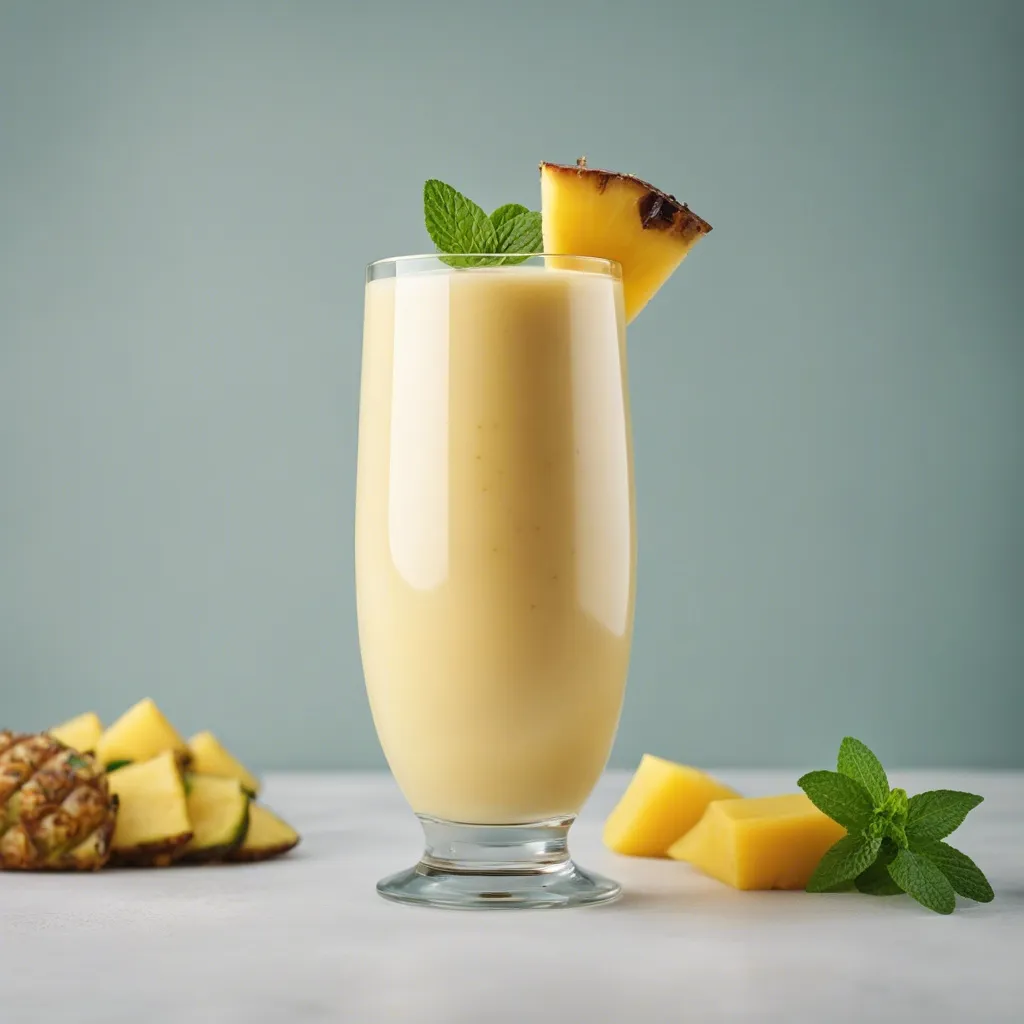 A tall glass filled with a rich pineapple mango banana smoothie, accented with a piece of pineapple and mint leaf on the rim, accompanied by slices of mango and a backdrop of a pineapple segment and fresh mint on a pastel blue surface.