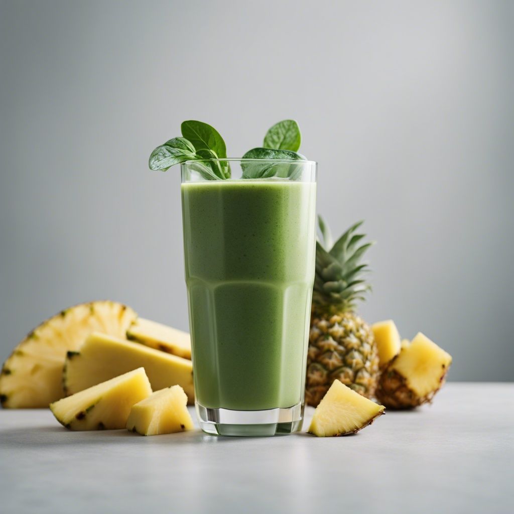 A tall glass of Pineapple Smoothie for weight loss garnished with spinach leaves surrounded by pineapple slices.