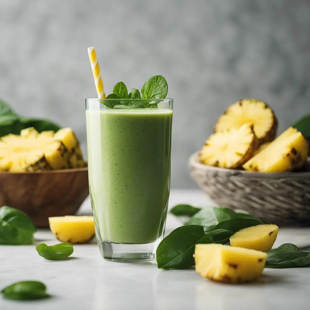 A glass of Pineapple Smoothie for weight loss with a yellow and white straw, garnished with spinach leaves and surrounded by more spinach and scattered pinapple slices.