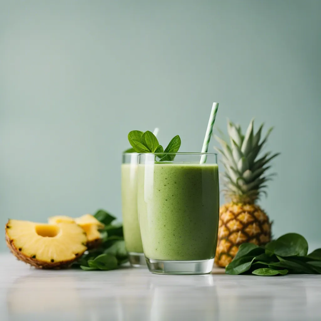 Two glasses of Pineapple Smoothie for weight loss garnished with spinach leaves surrounded by whole pineapples, pinapple slices and fresh spinach leaves.