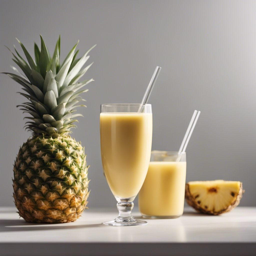 A whole pineapple next to a stemmed glass and a tumbler, both filled with creamy pineapple smoothie (without banana), with transparent straws