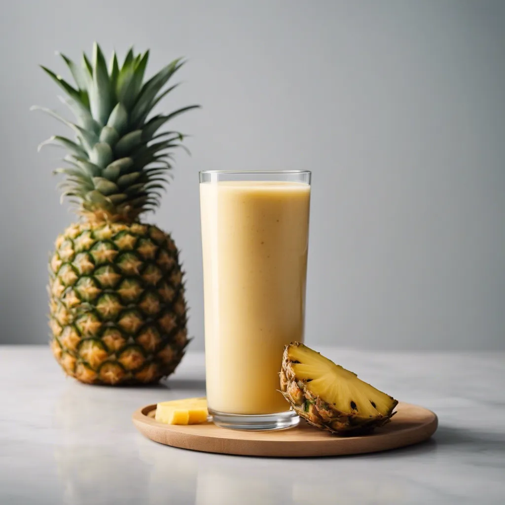 A tall glass of creamy pineapple smoothie on a round wooden tray, accompanied by a slice and a piece of pineapple