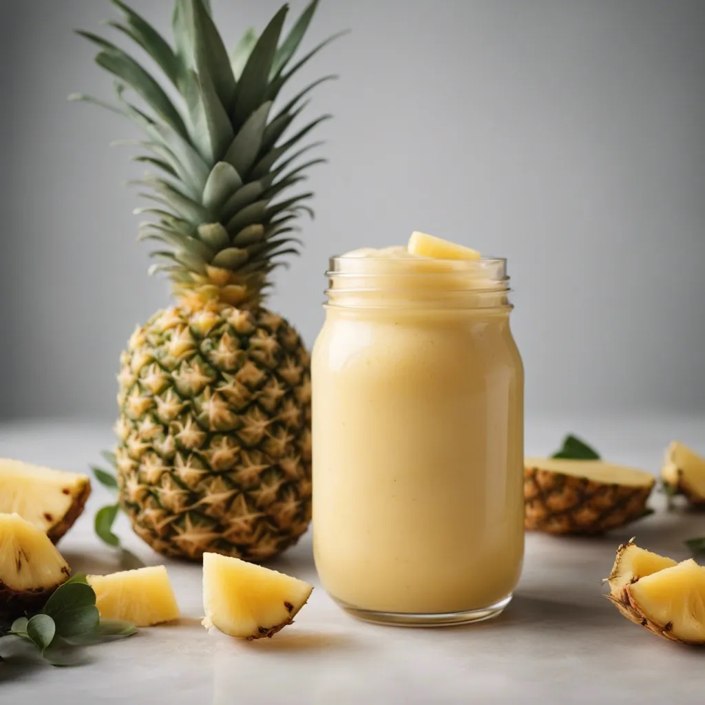 A mason jar filled with thick pineapple smoothie surrounded by pineapple slices and leaves on a marble surface