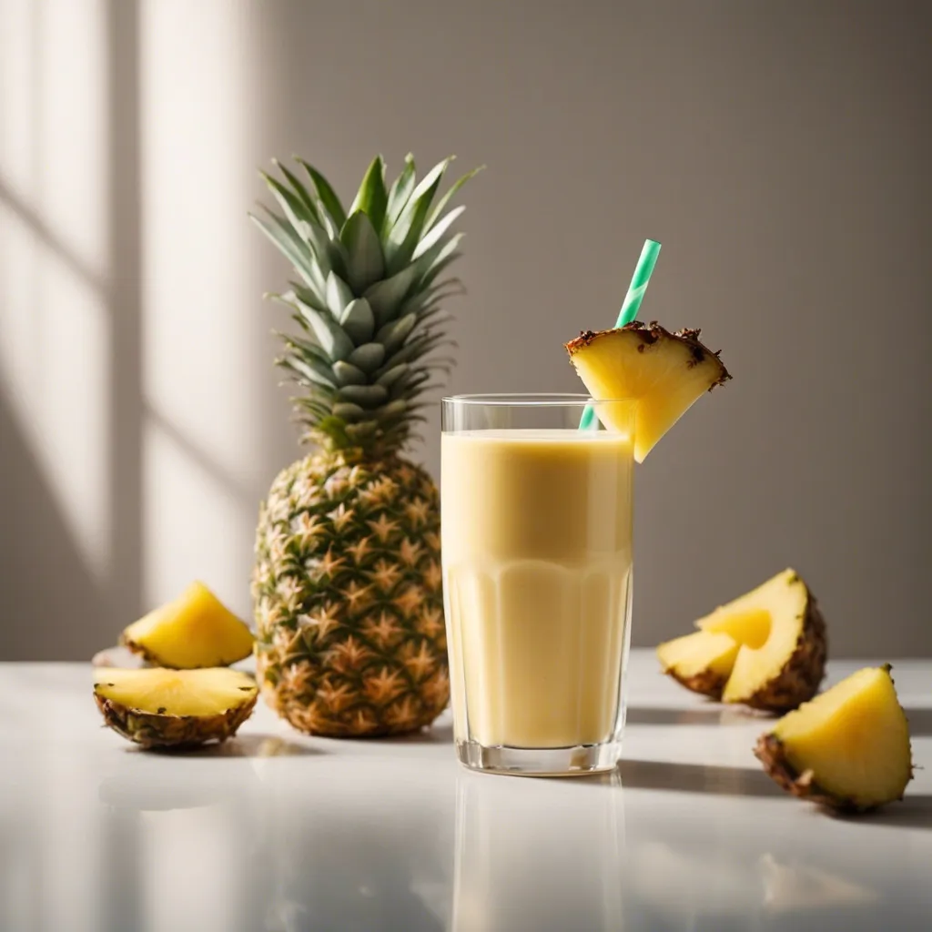 Creamy pineapple smoothie in a tall glass garnished with a pineapple slice on the rim, with a whole pineapple and slices in the background