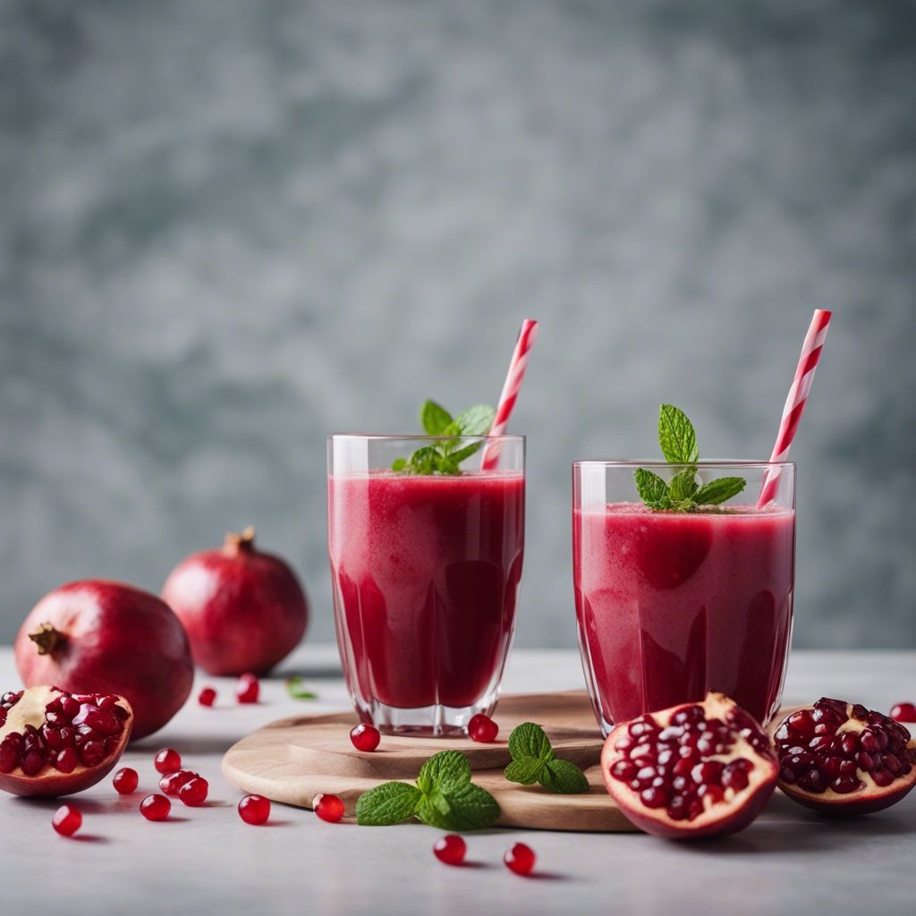 Two glasses of pomegranate smoothie with mint garnish and striped straws, with whole pomegranates and scattered seeds on a wooden board against a grey backdrop.