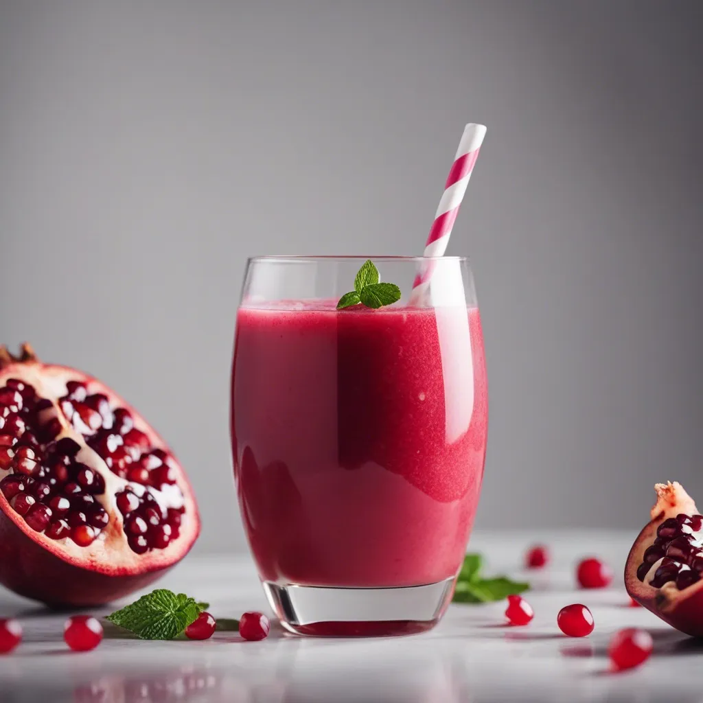 A single glass of pomegranate smoothie with a striped straw and mint garnish, surrounded by pomegranate halves and seeds on a marble surface.