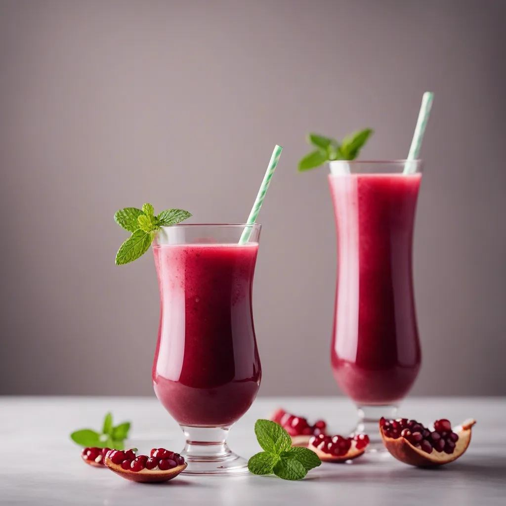 Two stemmed glasses of pomegranate smoothie with green straws and mint leaves, with pomegranate seeds and halves on the table.