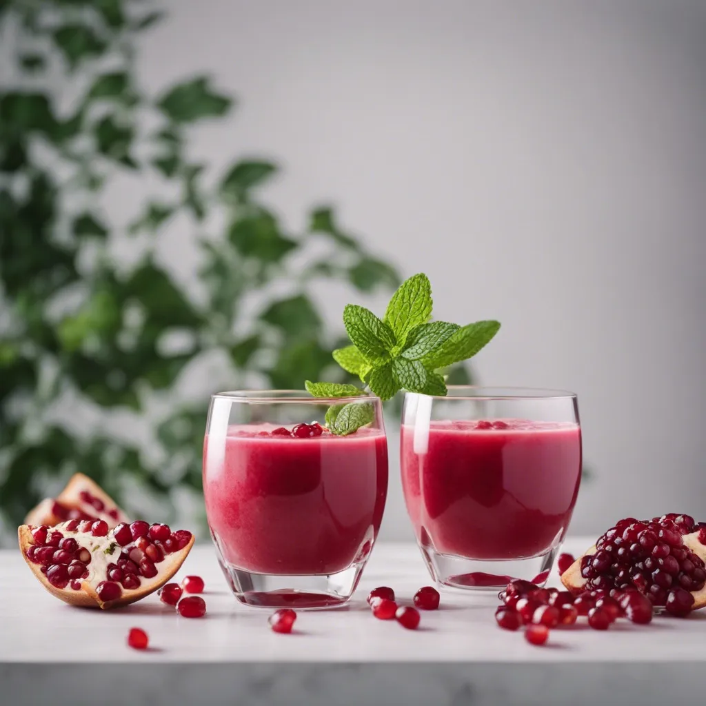 Two glasses of pomegranate smoothie on a white surface, garnished with mint, next to pomegranate halves and scattered seeds with a green plant in the background.