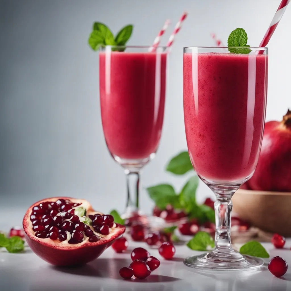 Tall glasses of pomegranate smoothie with mint leaves and striped straws, next to whole and half-cut pomegranates and scattered seeds on a reflective surface.