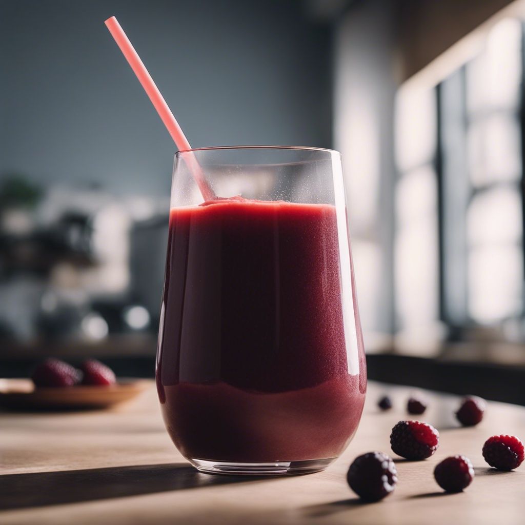 A close up a glass of Prune Smoothie on a kitchen counter with a pink straw on the glass and surrounded by small pieces of fruit.