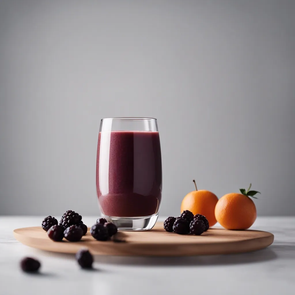 A glasses of Prune Smoothie on a kitchen counter garnished with mint leaves and surrounded by beautiful, fresh berries.