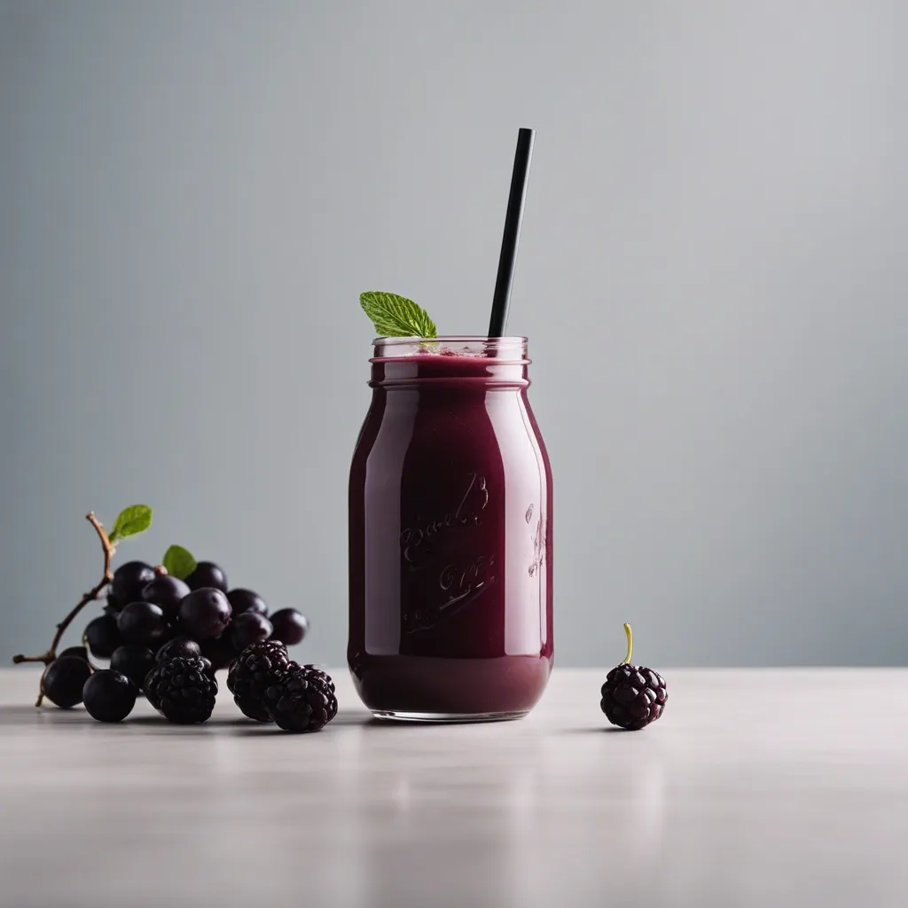 A jar-like of Prune Smoothie garnished with mint and with a black straw on a kitchen counter. There are berries scattered around the glass and the smoothie is ready to be served.