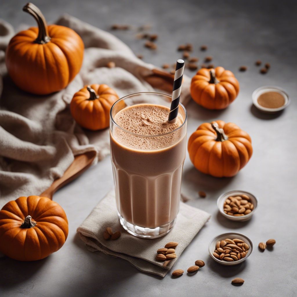 A thick and creamy pumpkin protein smoothie in a glass, topped with a sprinkle of cinnamon