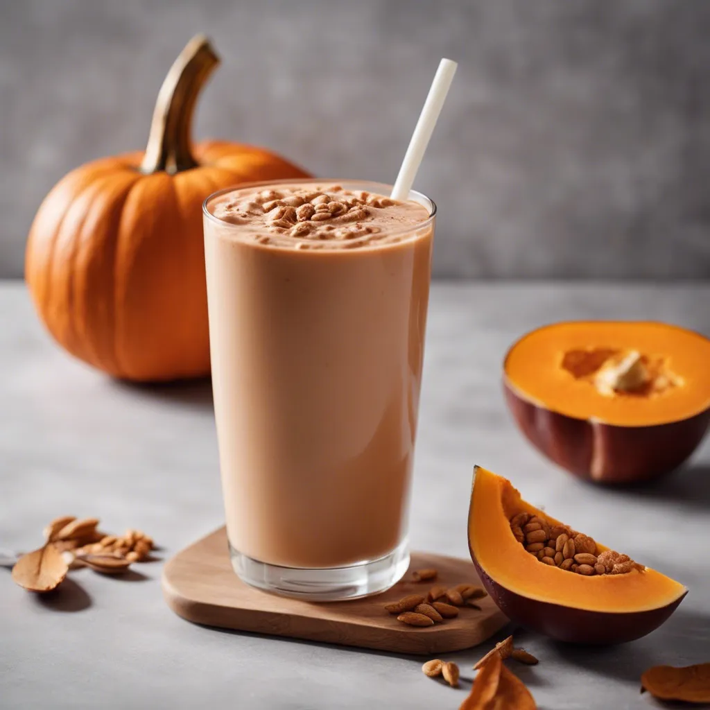 A tall glass of Pumpkin Protein Smoothie on a wooden board, with whipped cream and almond kernels on top, next to sliced pumpkin and whole pumpkins in the background.