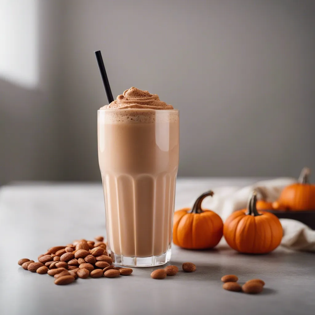 A glass of Pumpkin Protein Smoothie with a frothy top and a black straw, with almond kernels scattered in the foreground and miniature pumpkins in the background.