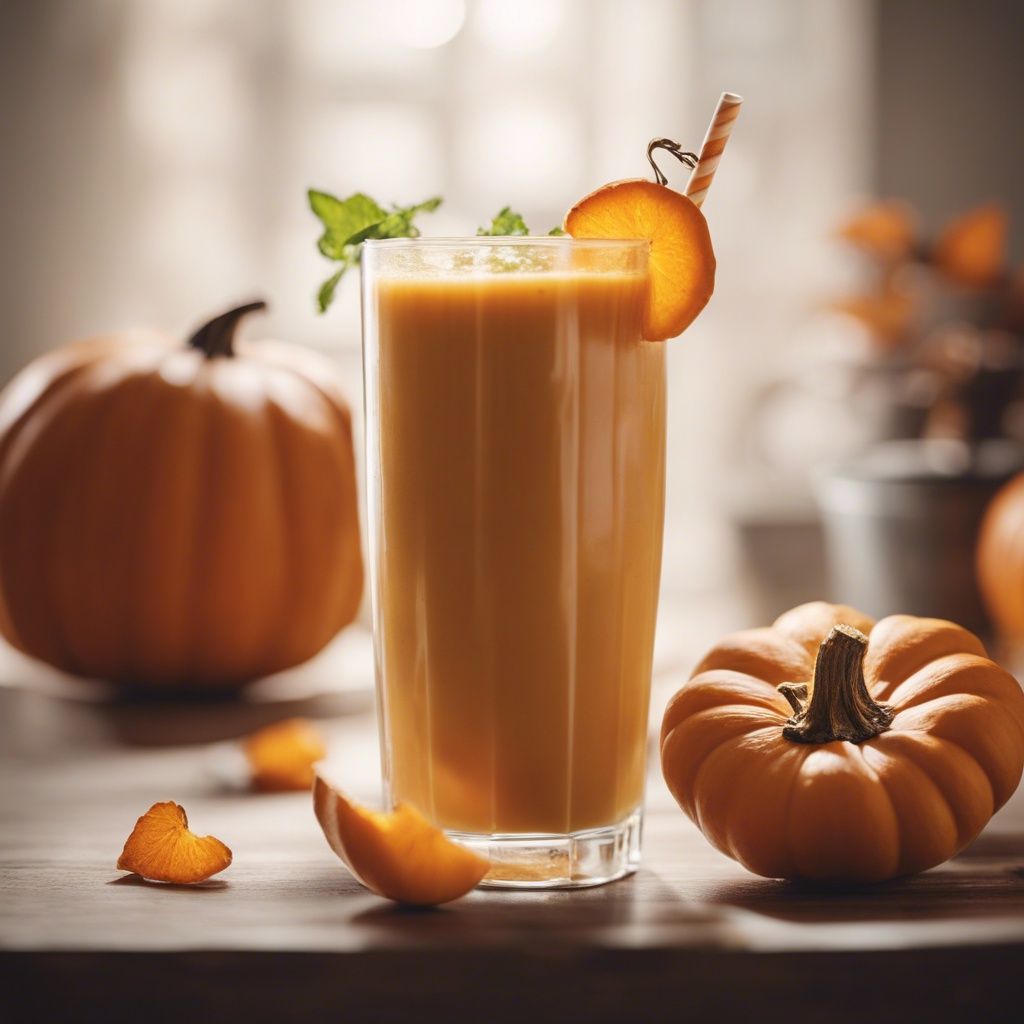 A tall glass of Pumpkin Smoothie with an orange and white straw surrounded by whole pumpkins.