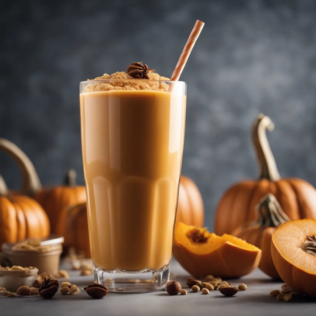 A beautiful glass of Pumpkin Smoothie with an orange straw surrounded by whole pumpkins and sliced pumpkins.