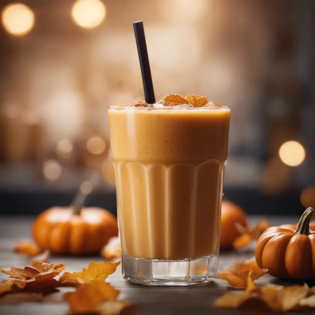 A glass of Pumpkin Smoothie from the side with a black straw with pumpkins in the background and scattered autumn leaves around it.