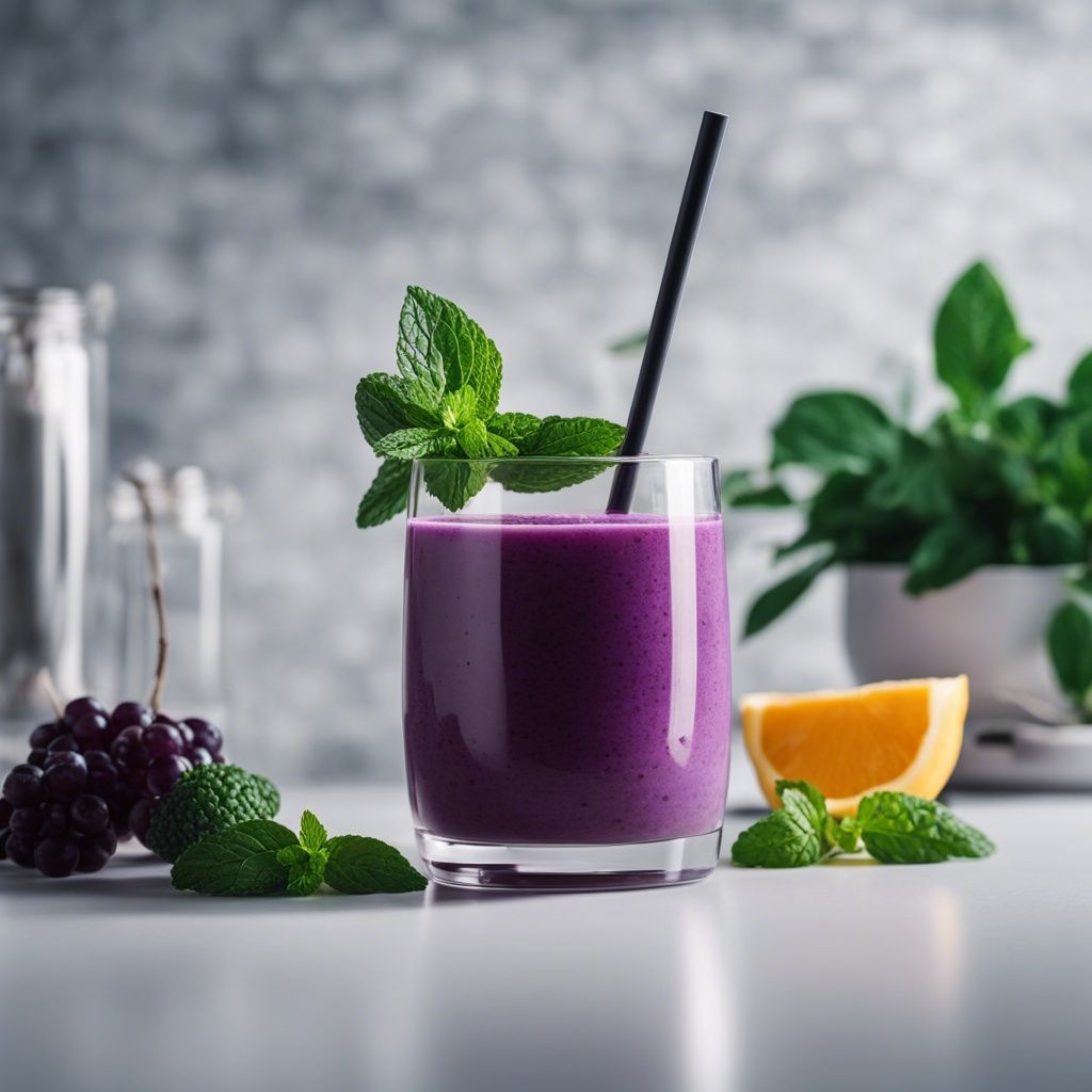 A glass of Purple Smoothie garnished with mint leaves and a black straw in the glass. There's a slice of orange beside the smoothie and mint leaves scattered around the glass.