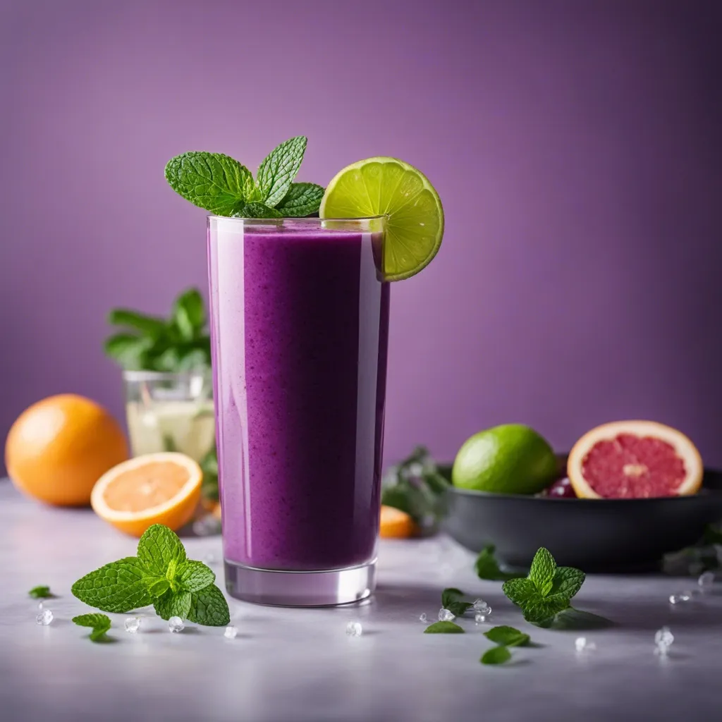 A tall glass of Purple Smoothie garnished with mint leaves and a slice of lime which provides a beatiful contrast. There are mint leaves scattered around the glass and different fruits in the background, like oranges and grapefruit.