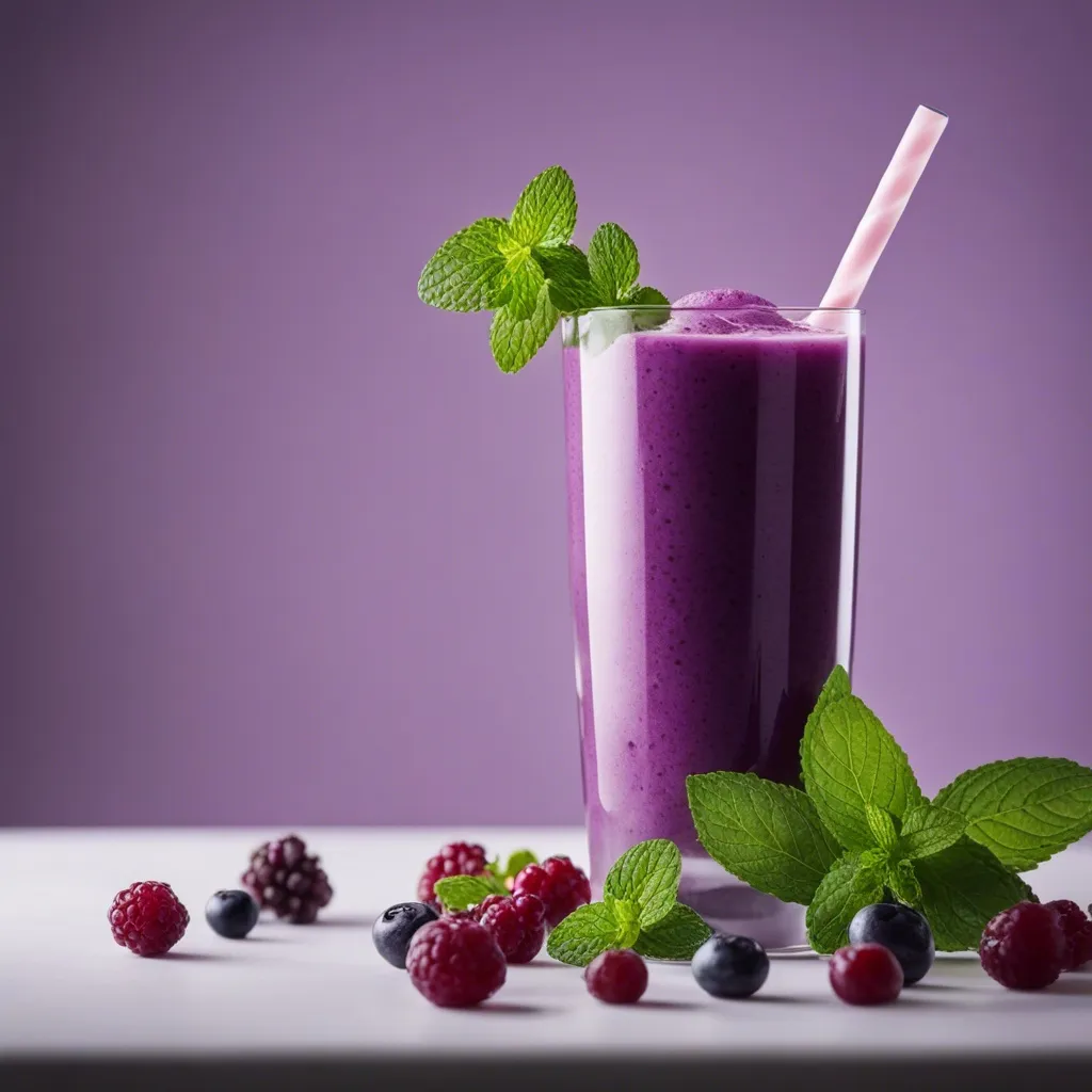 A tall glass of Purple Smoothie garnished with mint leaves and a pinkish white straw in the glass. There are fresh berries and mint leaves in the foreground and the smoothie is in front of a purple backdrop.