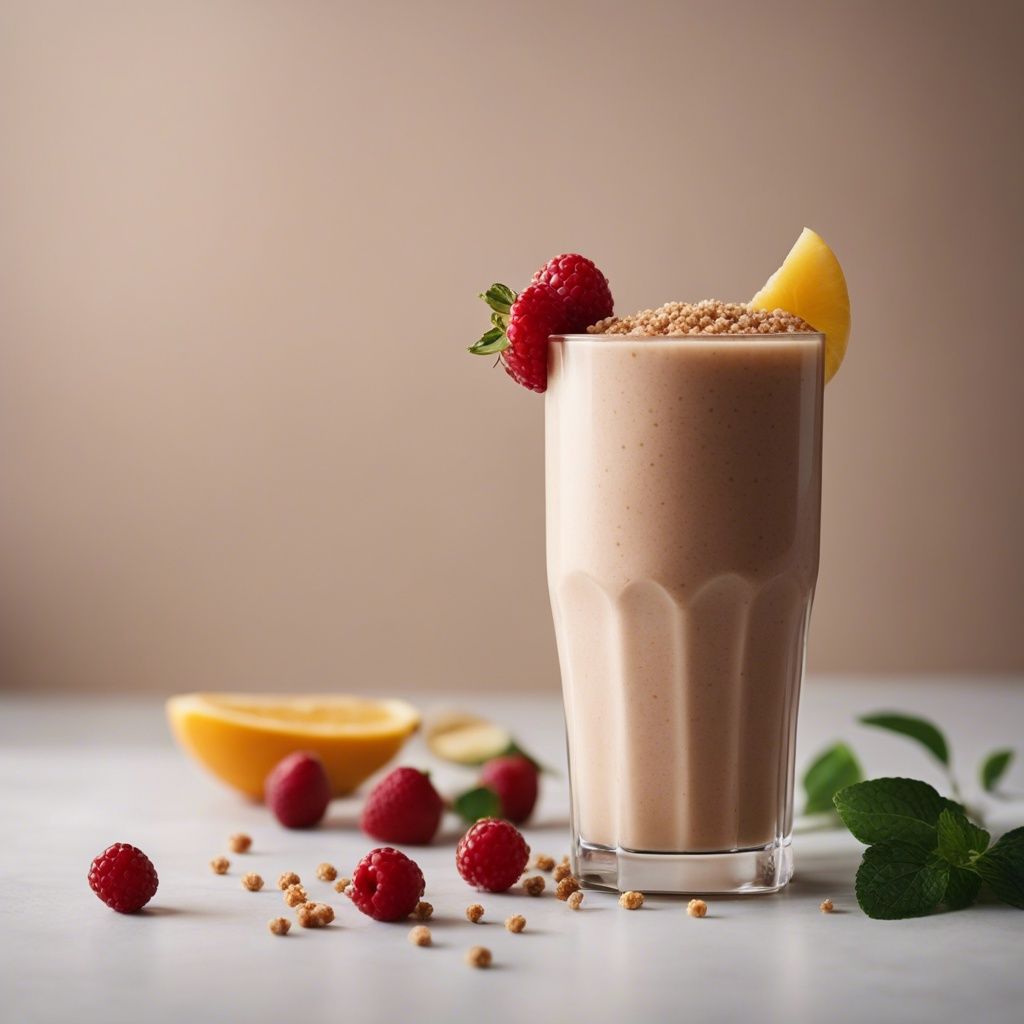 A nutritious quinoa smoothie topped with crushed quinoa, fresh raspberries, and a lemon wedge in a tall glass, with fresh ingredients scattered on the table
