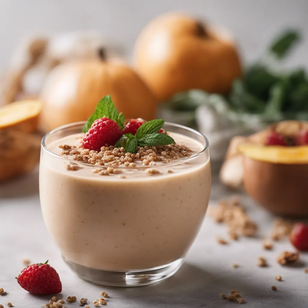 A rich and creamy quinoa smoothie bowl garnished with raspberries, mint, and a sprinkle of crushed quinoa, with pumpkins and sliced fruits in the background