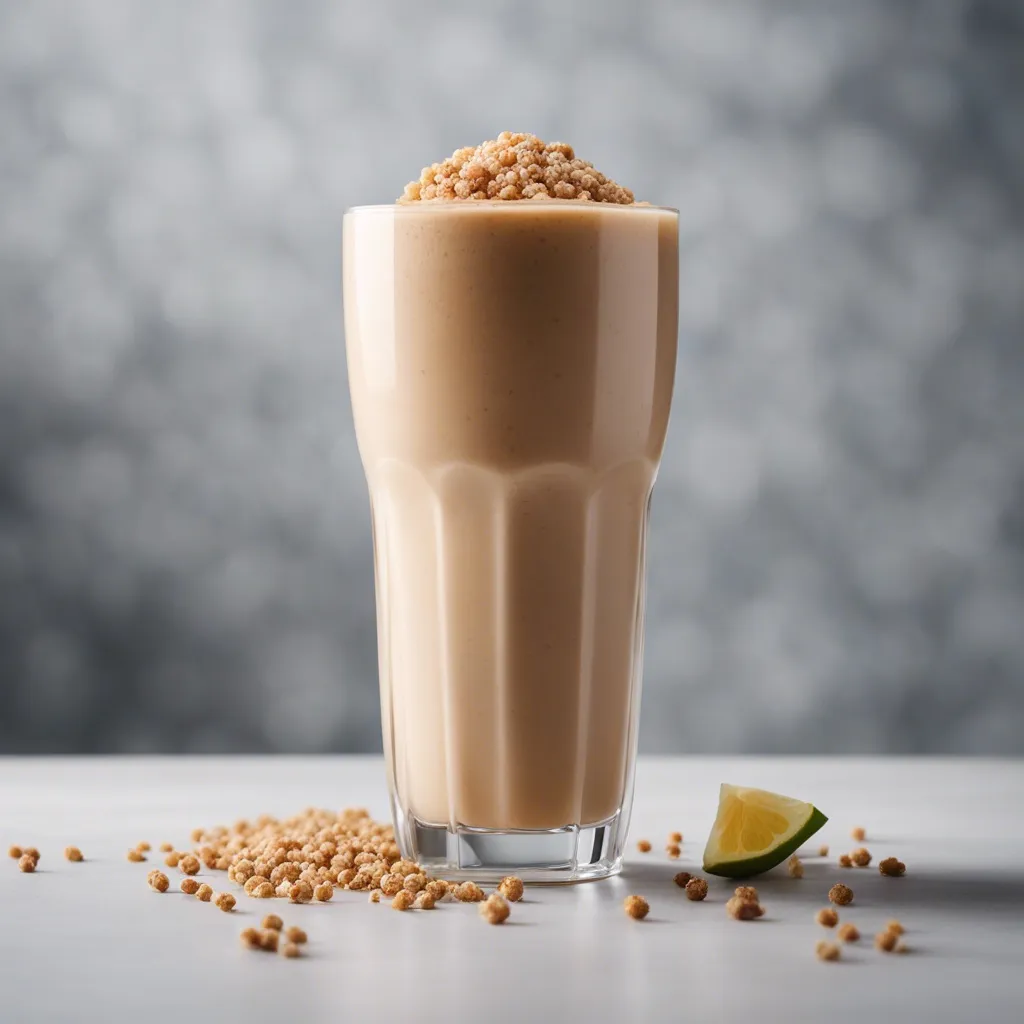 A tall glass of quinoa smoothie with a topping of crushed quinoa, accompanied by a lime wedge on the side on a white surface