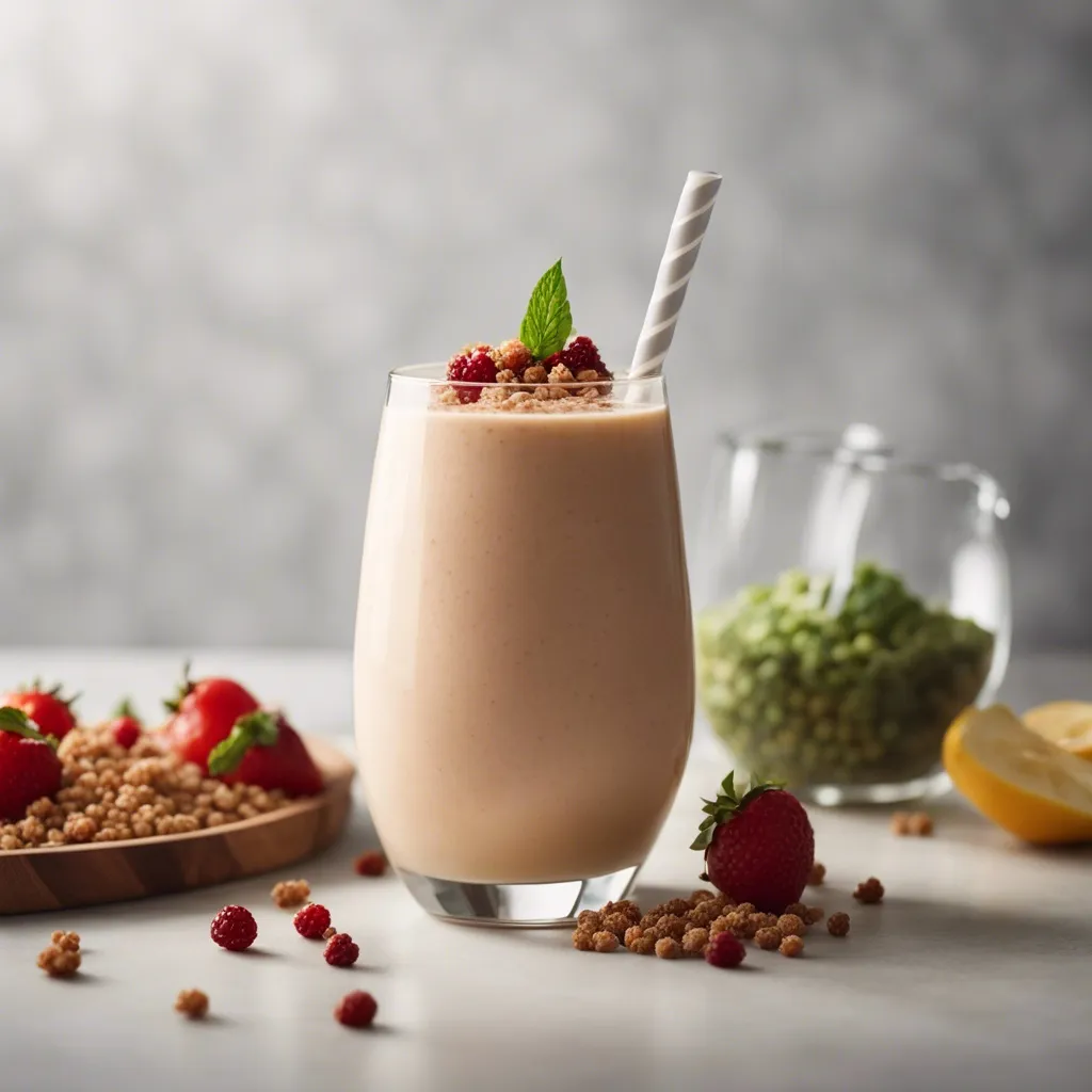 A quinoa smoothie in a glass with a striped straw, topped with raspberries and crushed quinoa, with a background of strawberries and a glass pitcher