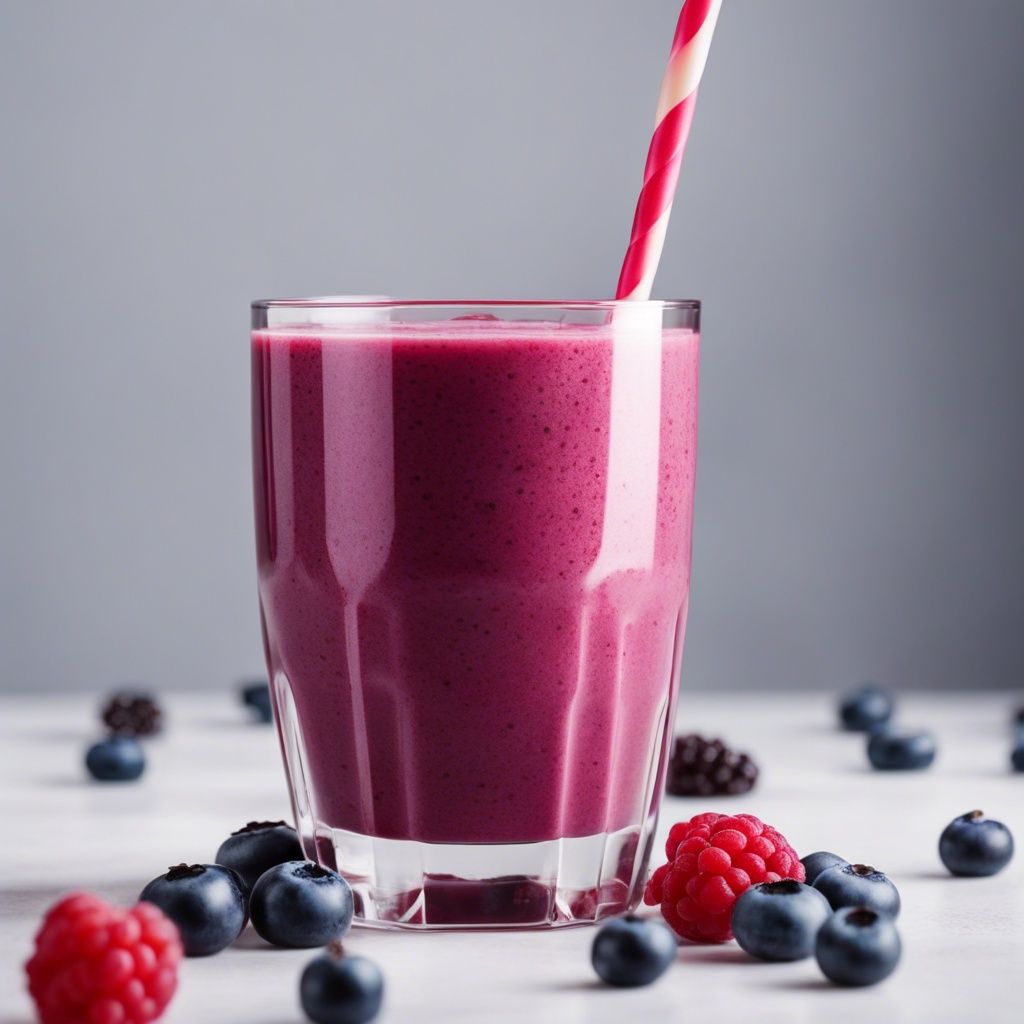 A delicious raspberry blueberry smoothie with blueberries and raspberries scattered around it