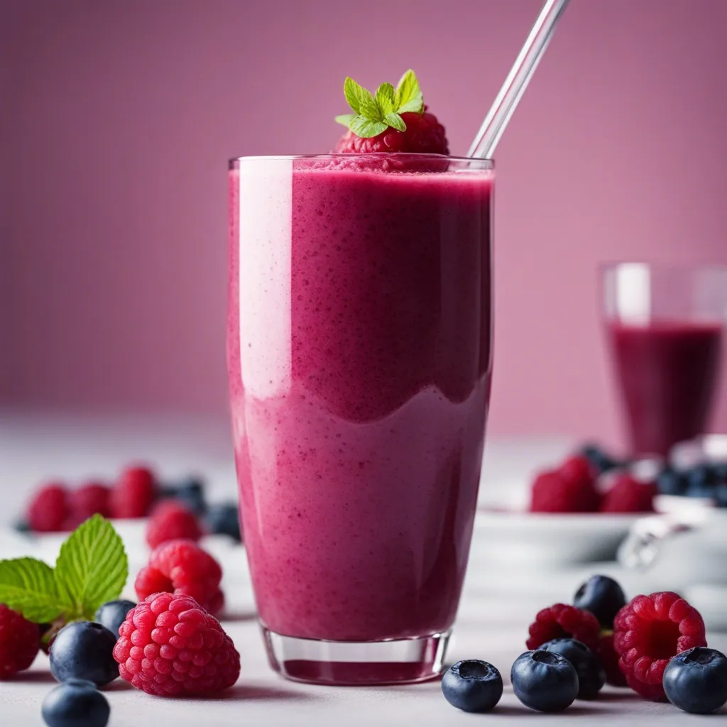 A rasberry blueberry smoothie garnished with raspberries and other berries around it.